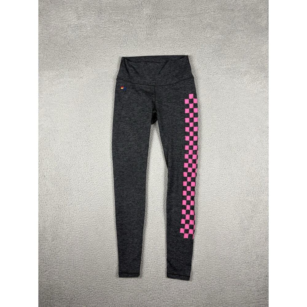 Aviator Nation Leggings Women’s Small Charcoal Gray Pink Check Beach Gym Yoga